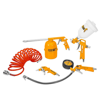 Ingco 5 pc air compressor tool set with 4 meter hose,spray gun,tire inflator,blow gun,and washing gun,yellow,akt0053
