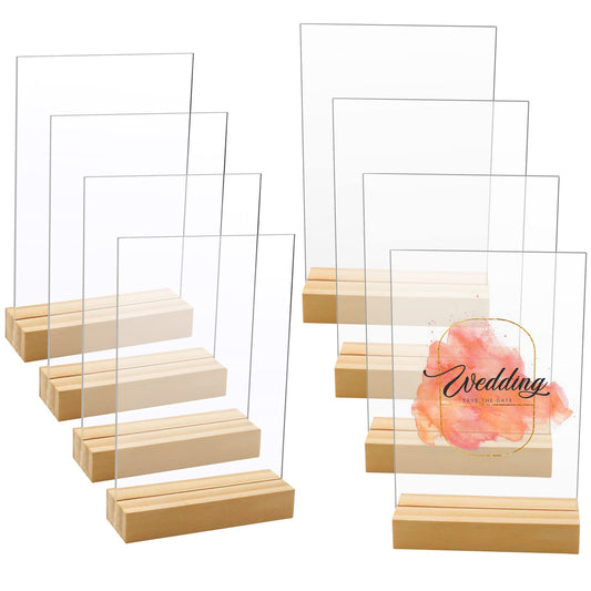 Blank Acrylic Table Signs with Wooden Base, 8-Piece Pack, Writable Double-Sided Display for Events, Menus, Labels, Name Tags, 10.2 x 15.2 cm, Clear
