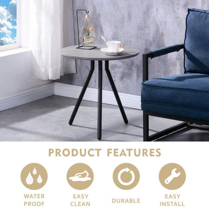 Retro Wood Side End Table for Sofa Small Round Modern Coffee Table 50cm with Black Metal Legs for Living Room, Grey