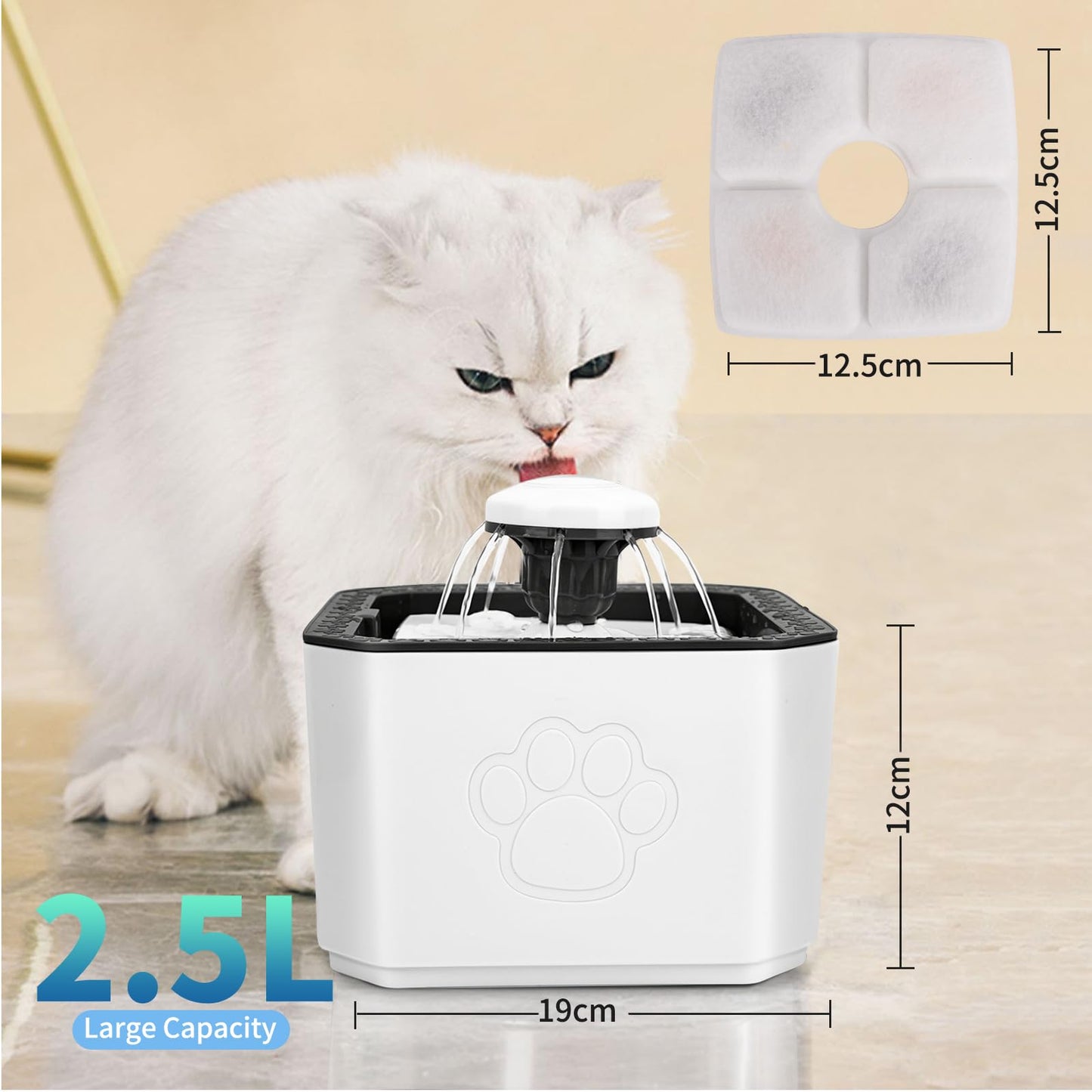 Rarxix Cat Water Fountain 2.5 L, Automatic Cat Water Fountain, Super Silent Water Pump, 3 Water Flow Models, Con 3 Filters