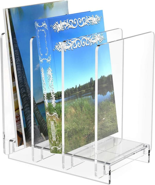 4-Section Acrylic File and Magazine Holder, Clear Standing File Organizer Rack for Desk, Multi-Functional Sorter for Binders, Mail, Books, and Records, for Home, Office, and School