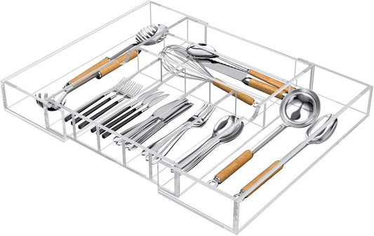 Clear Acrylic Expandable Drawer Organizer, Adjustable Cutlery Tray for Flatware Utensils and Supplies, 53.3 cm Wide, 7 Compartments with Sliding Sides for Kitchen Office or Bathroom Use