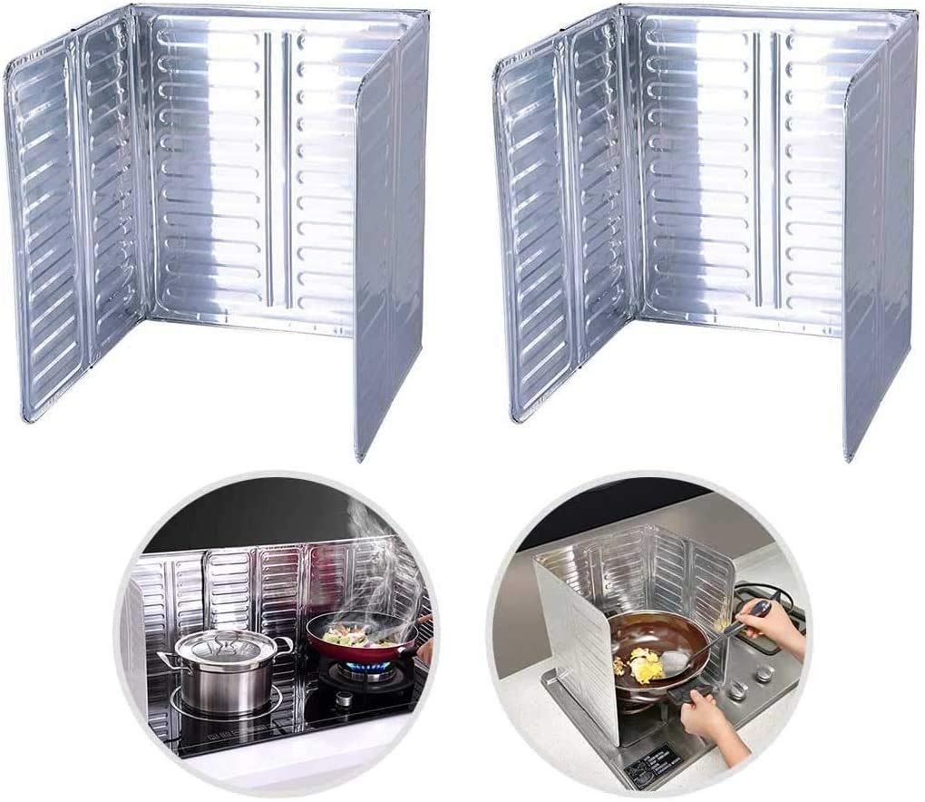2 Pcs Gas Stove Protector, 3 Sides Oil Splash Guard, Non Stick Aluminum Folding Cooking Oil Splash Guard for Cooking, Silver