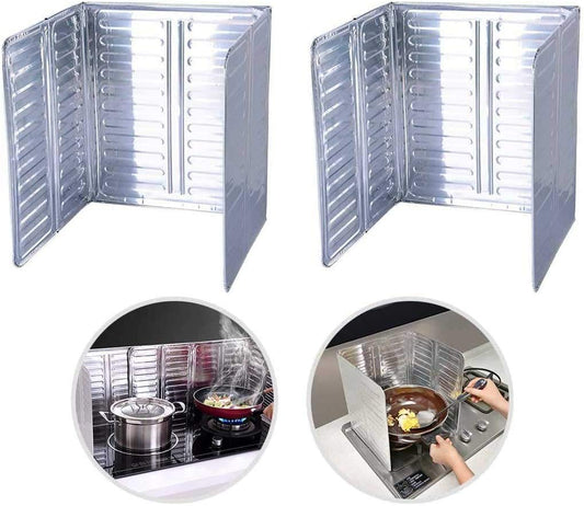 2 Pcs Gas Stove Protector, 3 Sides Oil Splash Guard, Non Stick Aluminum Folding Cooking Oil Splash Guard for Cooking, Silver