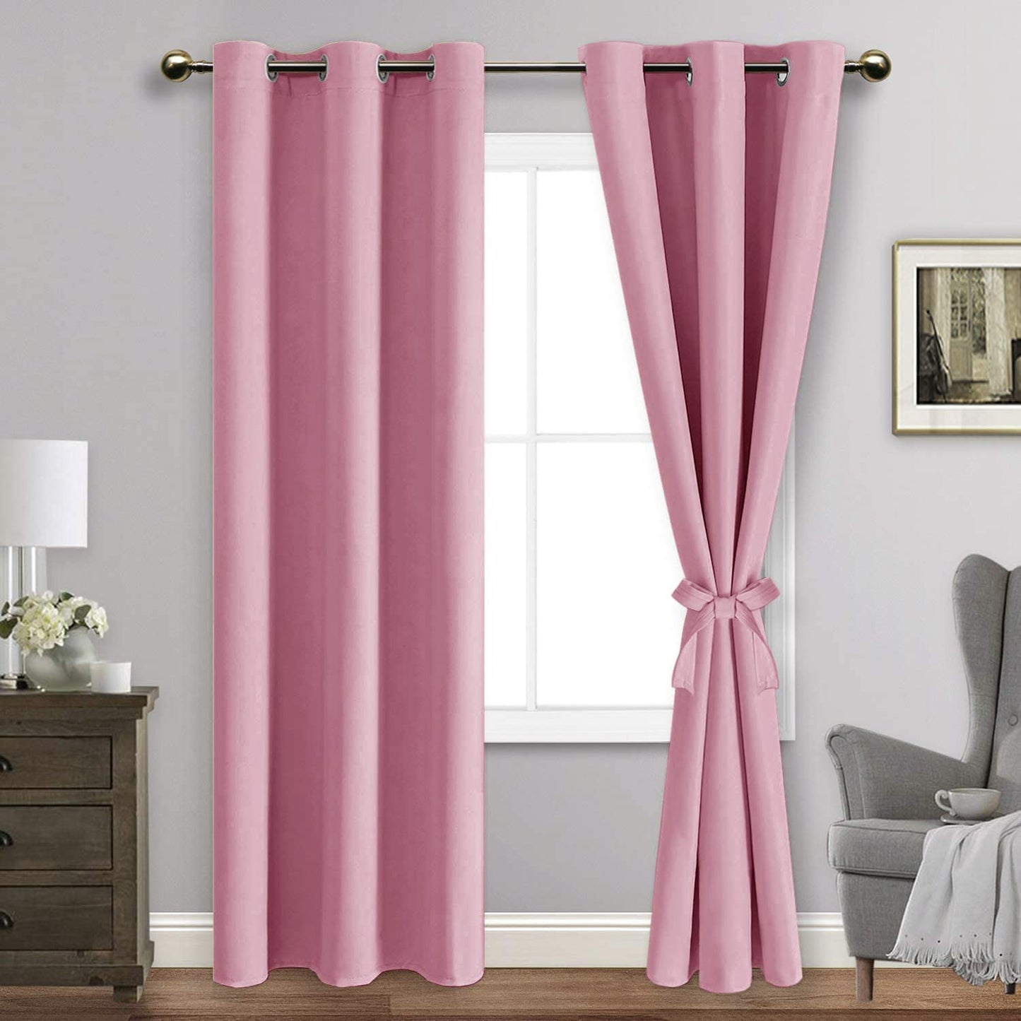 Blackout Curtains with Tiebacks - Thermal Insulated, Light Blocking and Noise Reducing Grommet Curtain Drapes for Bedroom and Living Room, Set of 2 Panels,
