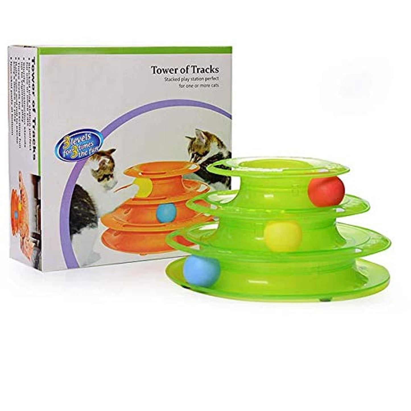 Tower of Tracks Ball Spin Cat Play Tower Three Levels for Group Play, Toy with 3 Balls, Green