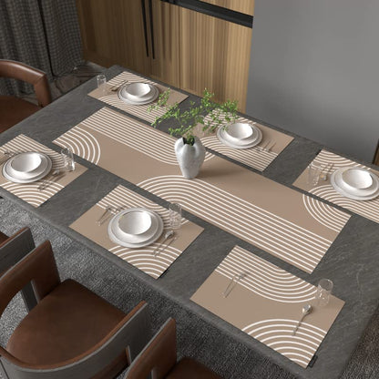 طقم طعام لين ليف مكون من 7 قطع، مع 6 مفارش طعام من القماش متعدد الألوان (45 × 30 سم) وغطاء طاولة واحد (35 × 140 سم)، يتميز بتصميم نباتي عصري لتزيين وحماية طاولة الطعام الخاصة بك