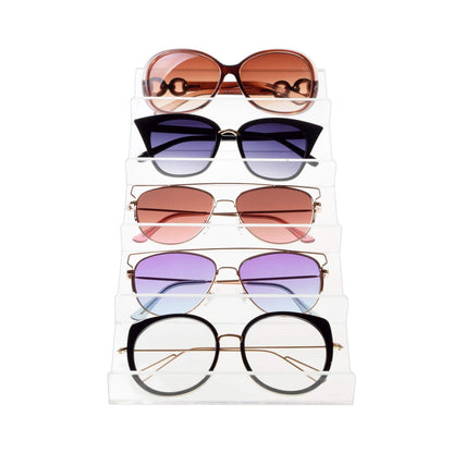Acrylic Eyewear Stand Holder, Clear Display Rack Organizer for 5 Pairs of Eyeglasses or Sunglasses, Vertical Storage Stand for Desktop, Closet, or Retail Counter Use, Clear