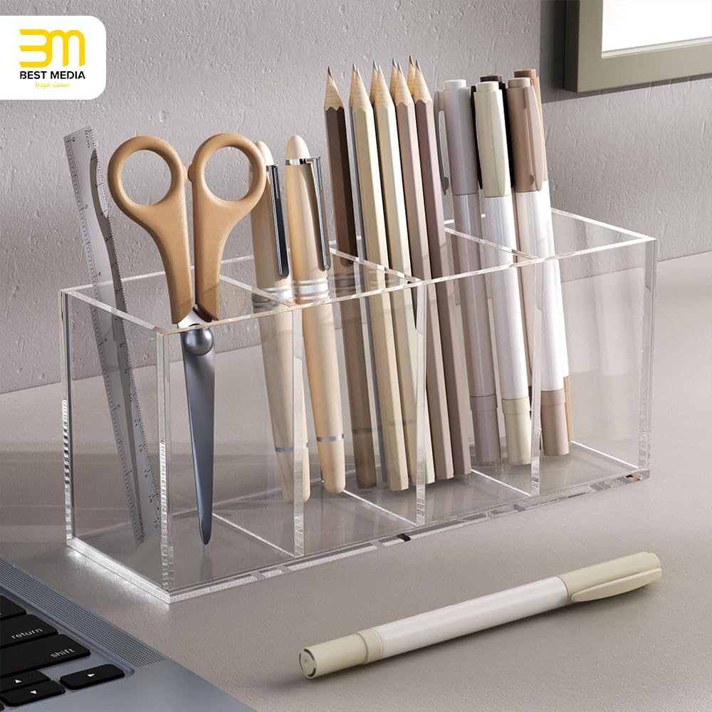 Acrylic Pen Holder, Clear Desk Organizer with 4 Compartments, Storage Cup for Pens, Pencils, Markers and Office Supplies, Suitable for Countertop, Desk and Workstation Use, Clear