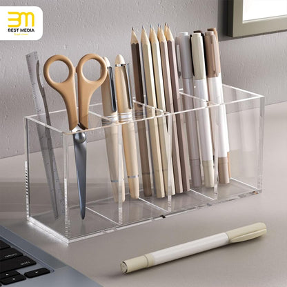 Acrylic Pen Holder, Clear Desk Organizer with 4 Compartments, Storage Cup for Pens, Pencils, Markers and Office Supplies, Suitable for Countertop, Desk and Workstation Use, Clear