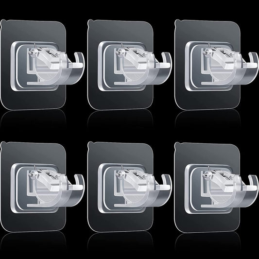 Adjustable Rod Bracket, Self-Adhesive Curtain Hook No Drill Fixing Rod Holder Bracket Drapery Hook Curtain Pole Towel ABS Wall Bracket Hook for Home Bathroom Living Room Hotel Use (6 Pieces, Clear)