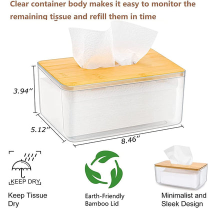 ANTOLE Tissue Box Cover Holder, Clear Acrylic Rectangular Tissues Dispenser Box Dryer Sheet Wet Toilet Paper Tray with Bamboo Wood Lid,Tissue Organizer for Bathroom,Living Room,Bathroom (Clear)
