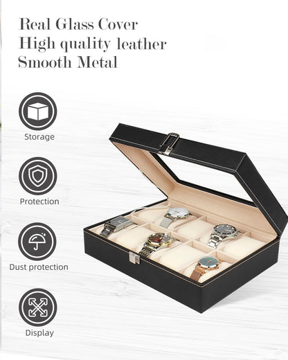 Zephorus 10 Slots Stylish New Watch Box Case Organizer Pu Leather Wrist Watch Display Storage Holder Watch Pillows Gift For Loved Synthetic Leather Jewelry Glass Display Luxury Best Watch Box,Black