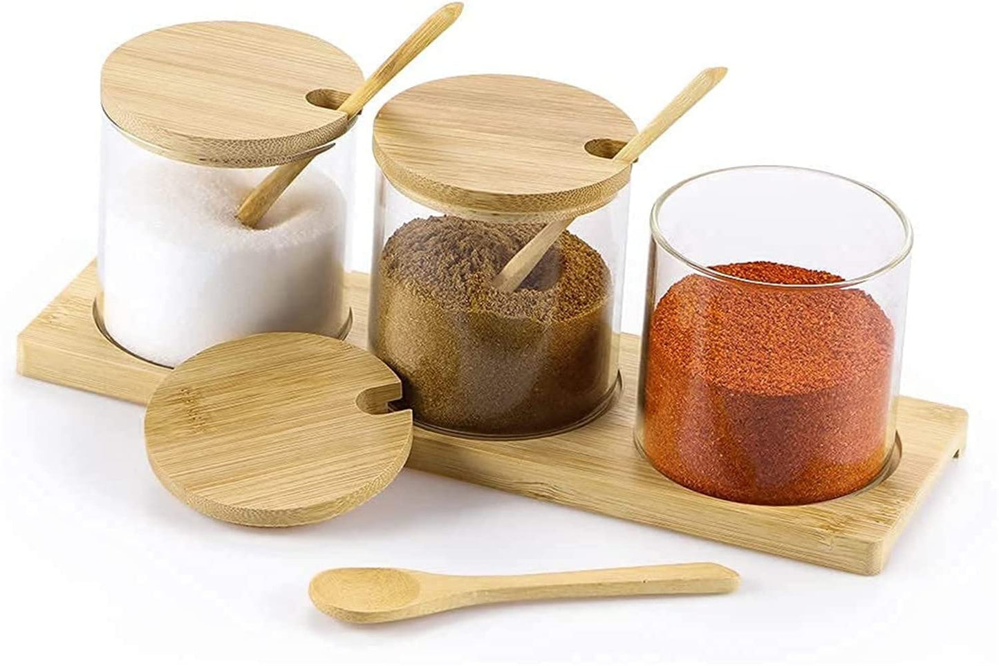 PENGQIMM Condiment Container Seasoning Box Set, Glass Condiment Canisters Pots,Condiment Jars with Bamboo Lids,Base and Spoons,Spice Containers for Sugar, Salt, Pepper,300ml/10oz, Pack of 3