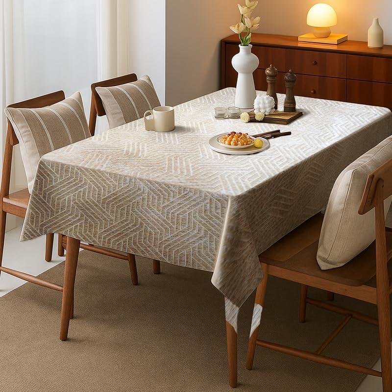 INtex Home Rectangular Tablecloth, Nadia’s Geometrical Design in Heavy Duty Linen Velvet Fabric, Soft Touch for Reception Living Room and Special Occasions - 1 Pc - 130 x 130 cm - Light Biege