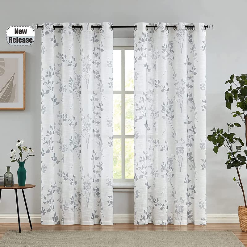 INtex CURTAINS HOUSE Rich Natural Linen curtains - Printed floral curtains- Semi-transparent - Steel grommets for living room, bedroom, kitchens, 1 piece 200 * 240 Gray