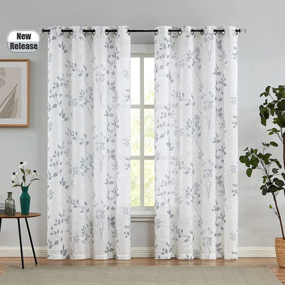 INtex CURTAINS HOUSE Rich Natural Linen curtains - Printed floral curtains- Semi-transparent - Steel grommets for living room, bedroom, kitchens, 1 piece 200 * 240 Gray