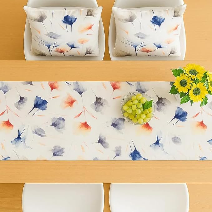 Table Runner and Cushion Covers Set, Sou Floral Pattern, Premium Linen Velvet, 1 Runner 45×140 CM Straight End and 2 Cushions 45×45 CM, Wrinkle-Resistant Fabric for Living Room or Bedroom
