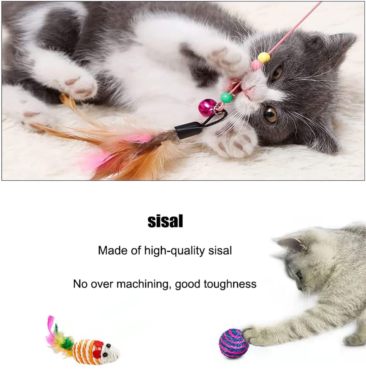 cue 4PCS Cat Toy, Cat Games with Colorful Bells and Poms, Funny Cat Stick,For interaction with cats, suitable for indoor play and training