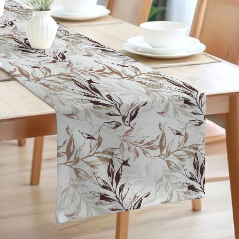 INtex HOME Linen Velvet Table Runner, 45 x 130 cm, Modern Leaves Design, Elegant Rectangular Tablecloth for Dining, Living Room and Kitchen, Soft, Durable - Café x Brown - Single Piece