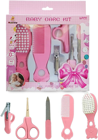 Baby Care Kit, 6 Pieces, Pink - Nail Clippers, Brush, Comb