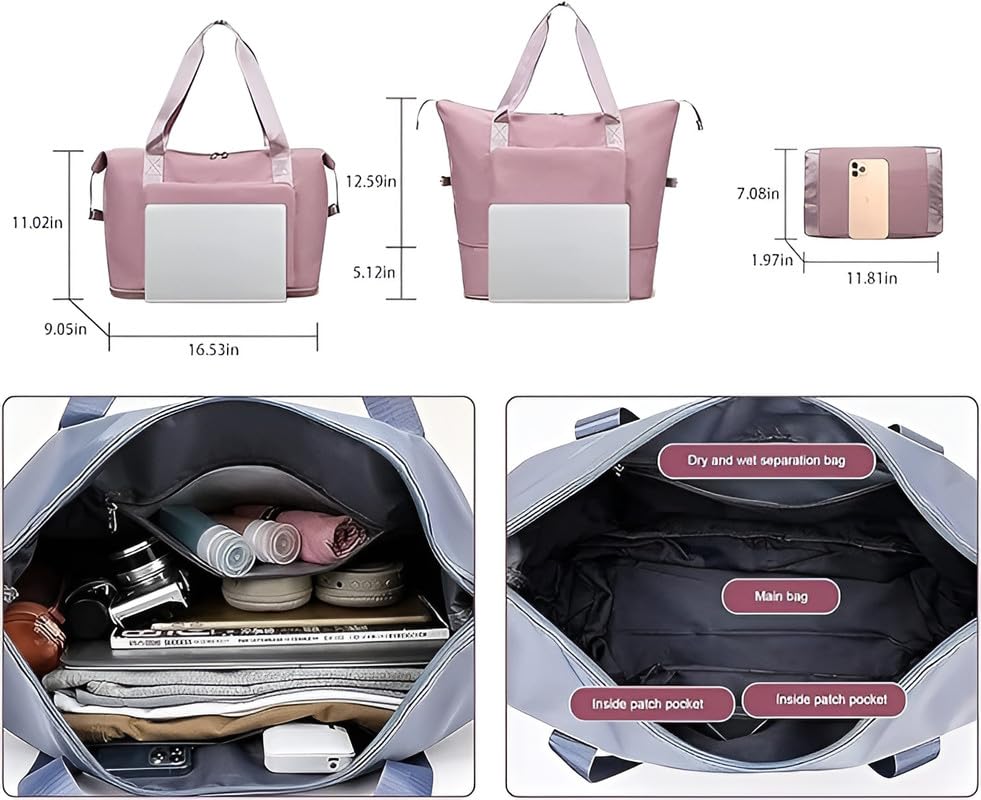 Large Capacity Folding Travel Bag, Expandable Lightweight Waterproof Duffel, Foldable Oxford Fabric Carry-On Luggage, Weekender Gym Sports Bag for Travel & Vacation - Purple