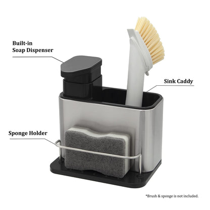 Stainless Steel Kitchen Sink Organizer Caddy, 3-in-1 Bathroom Soap Dispenser with Sponge Holder and Brush Compartment, Countertop Solution for Tidy Sinks, Modern & Durable Design