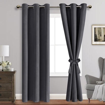 Blackout Curtains with Tiebacks - Thermal Insulated, Light Blocking and Noise Reducing Grommet Curtain Drapes for Bedroom and Living Room, Set of 2 Panels,