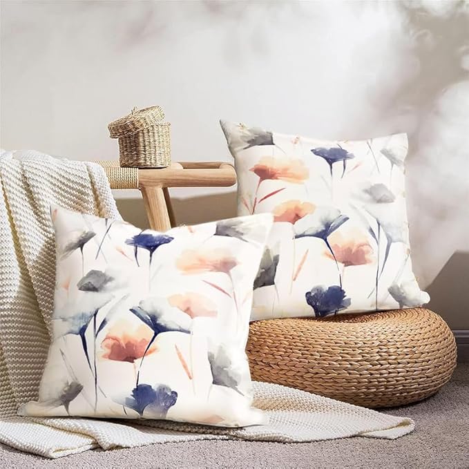 Cushion Covers, Premium Linen Velvet with Sou Floral Pattern, Set of 2, for Living Room & Bedroom Décor, Soft & Wrinkle-Resistant Fabric