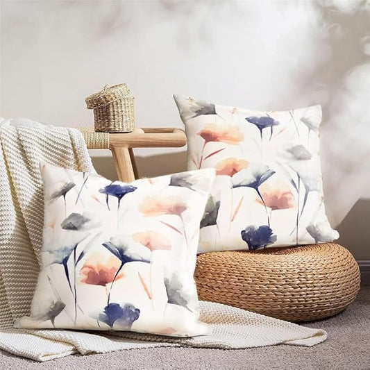 Cushion Covers, Premium Linen Velvet with Sou Floral Pattern, Set of 2, for Living Room & Bedroom Décor, Soft & Wrinkle-Resistant Fabric