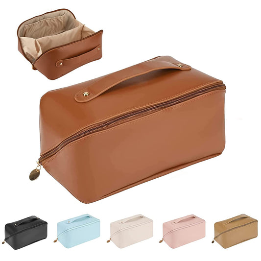 Waterproof PU Leather Toiletry Bag, Bathroom Cosmetic and Travel Storage Case, Large Opening, Multi-Compartment Organizer for Makeup and Essentials, Brown