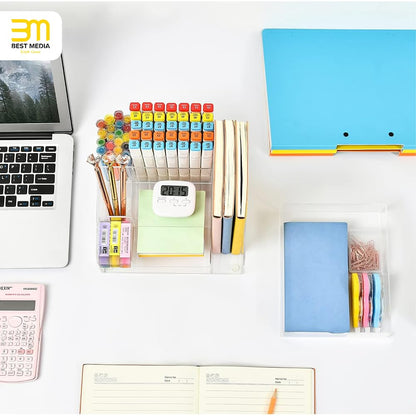 Multifunctional Clear Acrylic Desk Organizer Station with Drawer, 8-Compartment Desktop Pen and Paper Holder for Office Supplies, A4 Magazines, and Art Supply Storage