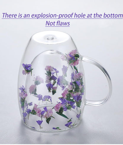 Dried Flower Double Wall Glass Cup, Aesthetic Flowers Coffee Mugs, Cute Insulated Tea Cups with Handle Heat Resistant for Women, Ideal Gifts for Birthday Mother's Day - Perfect for Wife Mom Friend (C)