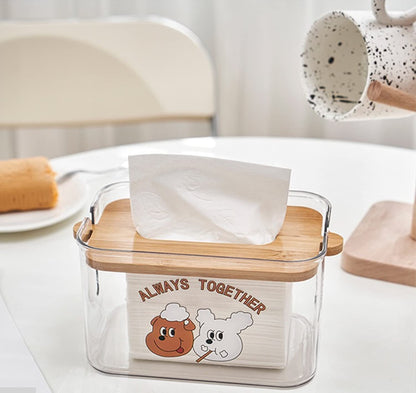 Square Tissue Holder, Facial Tissue Dispenser Box with Bamboo Cover, Rectangle Napkin Organizer Caddy for Car, Bathroom, Toilet, Kitchen, Bedroom