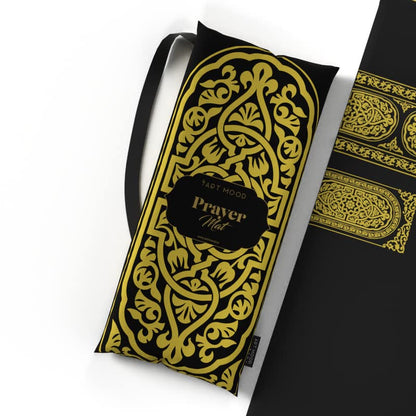 Velvet Padded Prayer Mat in Gold & Black, 68x117 cm, a luxurious rug with a stylish Mecca-inspired design and soft padding for exceptional comfort during daily prayers
