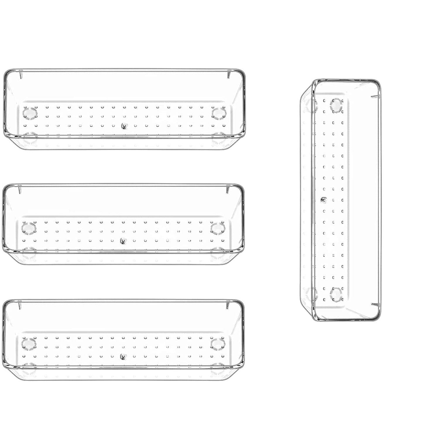 Xpandio Clear Plastic Drawer Organizers Set, Versatile Bathroom and Vanity Drawer Organizer Trays, Storage Bins for Makeup, Bedroom, Kitchen Gadgets Utensils and Office (4 PC LONG LARGE)