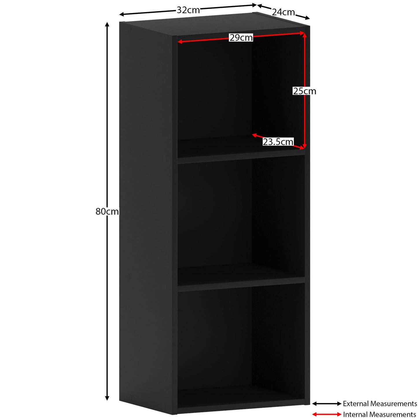 Oxford 3 Tier Cube Bookcase, Black Wooden Shelving Display Unit, Modern Vertical Storage Organizer for Home Office, Living Room, or Bedroom Furniture, Tall Design