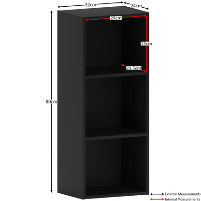Oxford 3 Tier Cube Bookcase, Black Wooden Shelving Display Unit, Modern Vertical Storage Organizer for Home Office, Living Room, or Bedroom Furniture, Tall Design