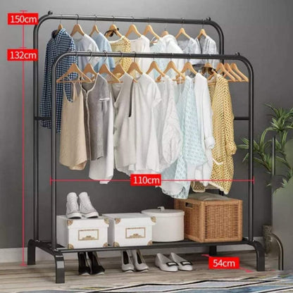 Monoptilon clothes rack with double rods 110cm, metal garment rack coat rack shoes rack, clothes rail stand, multipurpose clothes hanger organizer (black)