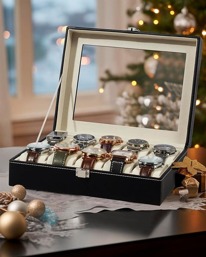 Watch Box Organizer Durable PU Leather Watch Box 10 Grid Slots for Men Women Watches Jewelry Storage Elegant Design