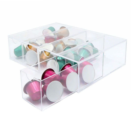 4-Compartment Acrylic Coffee Pod Holder and Desktop Organizer, Clear Storage Box for K-Cup Capsules and Coffee Bar Station Accessories, Multi-Use Desk and Kitchen Drawer Organizer