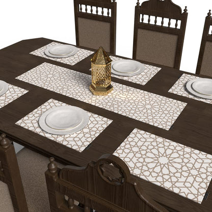 مجموعة مفارش طعام نوفا المكونة من 7 قطع، مع 6 مفارش طعام من القماش متعدد الألوان (45 × 30 سم) وغطاء طاولة واحد (35 × 140 سم)، تتميز بنمط إسلامي سماوي لمنظر طاولة فريد وروحاني.