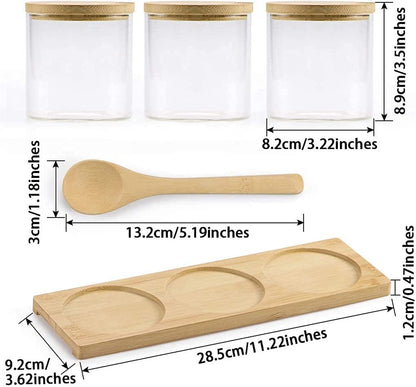 PENGQIMM Condiment Container Seasoning Box Set, Glass Condiment Canisters Pots,Condiment Jars with Bamboo Lids,Base and Spoons,Spice Containers for Sugar, Salt, Pepper,300ml/10oz, Pack of 3
