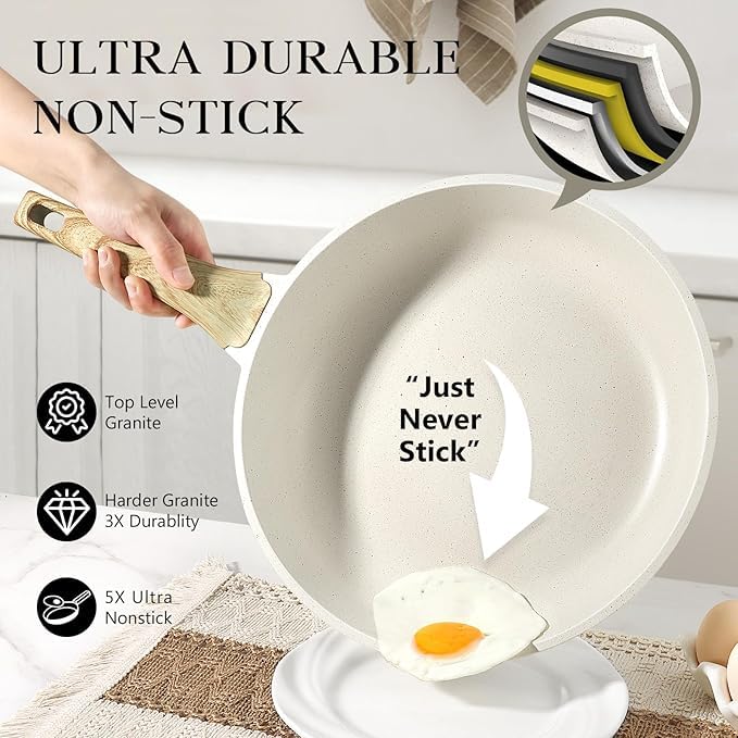 Granite Pan Set - 3 Pieces, Non-Stick Coating, Beige, Scratch-Resistant, Heat Distribution, Ergonomic Handles, Easy to Clean, Perfect for Cooking and Frying