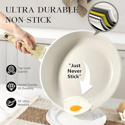 Granite Pan Set - 3 Pieces, Non-Stick Coating, Beige, Scratch-Resistant, Heat Distribution, Ergonomic Handles, Easy to Clean, Perfect for Cooking and Frying