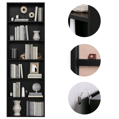 Bookcase 6 Tiers in Black, 60x23.5x180cm, Tall Bookshelf Display Shelf, Freestanding Wooden Storage Unit for Living Room, Bedroom, Office, Modern Vertical Shelf