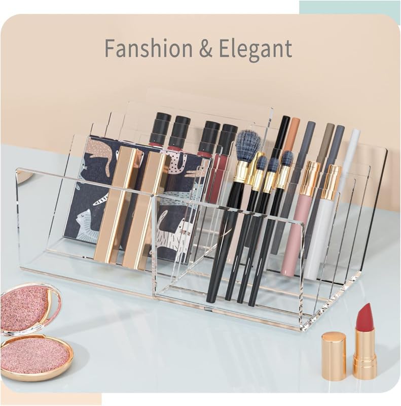 10-Section Acrylic Makeup Organizer for Desktop and Drawer, Clear Storage Tray for Eyeshadow Palettes, Lipstick, and Pressed Powder, Elegant Vanity and Cosmetics Display Holder