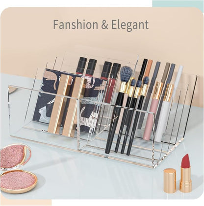 10-Section Acrylic Makeup Organizer for Desktop and Drawer, Clear Storage Tray for Eyeshadow Palettes, Lipstick, and Pressed Powder, Elegant Vanity and Cosmetics Display Holder