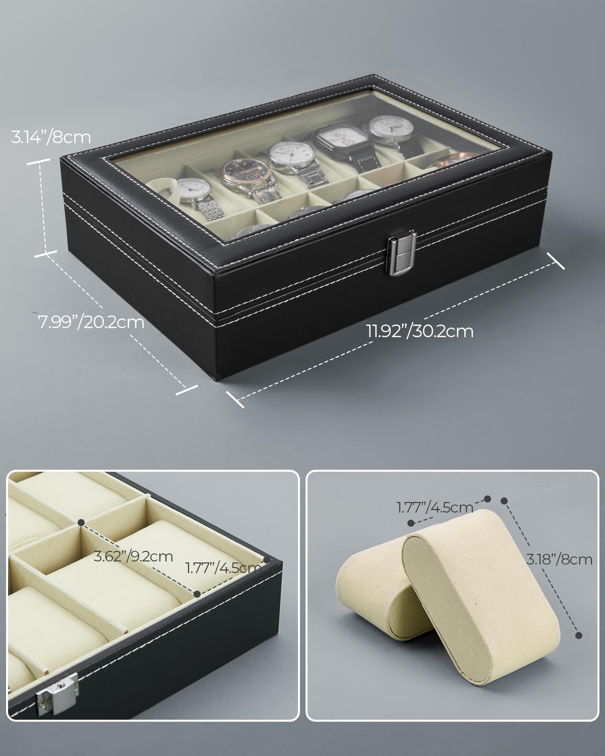 Ohuhu Watch Cases for Men, Watch Box Watch Holder Watch Organizer Display Storage 12 Slot PU Leather Real Glass Lid Soft Velvet Jewelry Box for Men and Women Perfect Birthday Gifts