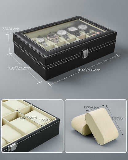 Ohuhu Watch Cases for Men, Watch Box Watch Holder Watch Organizer Display Storage 12 Slot PU Leather Real Glass Lid Soft Velvet Jewelry Box for Men and Women Perfect Birthday Gifts
